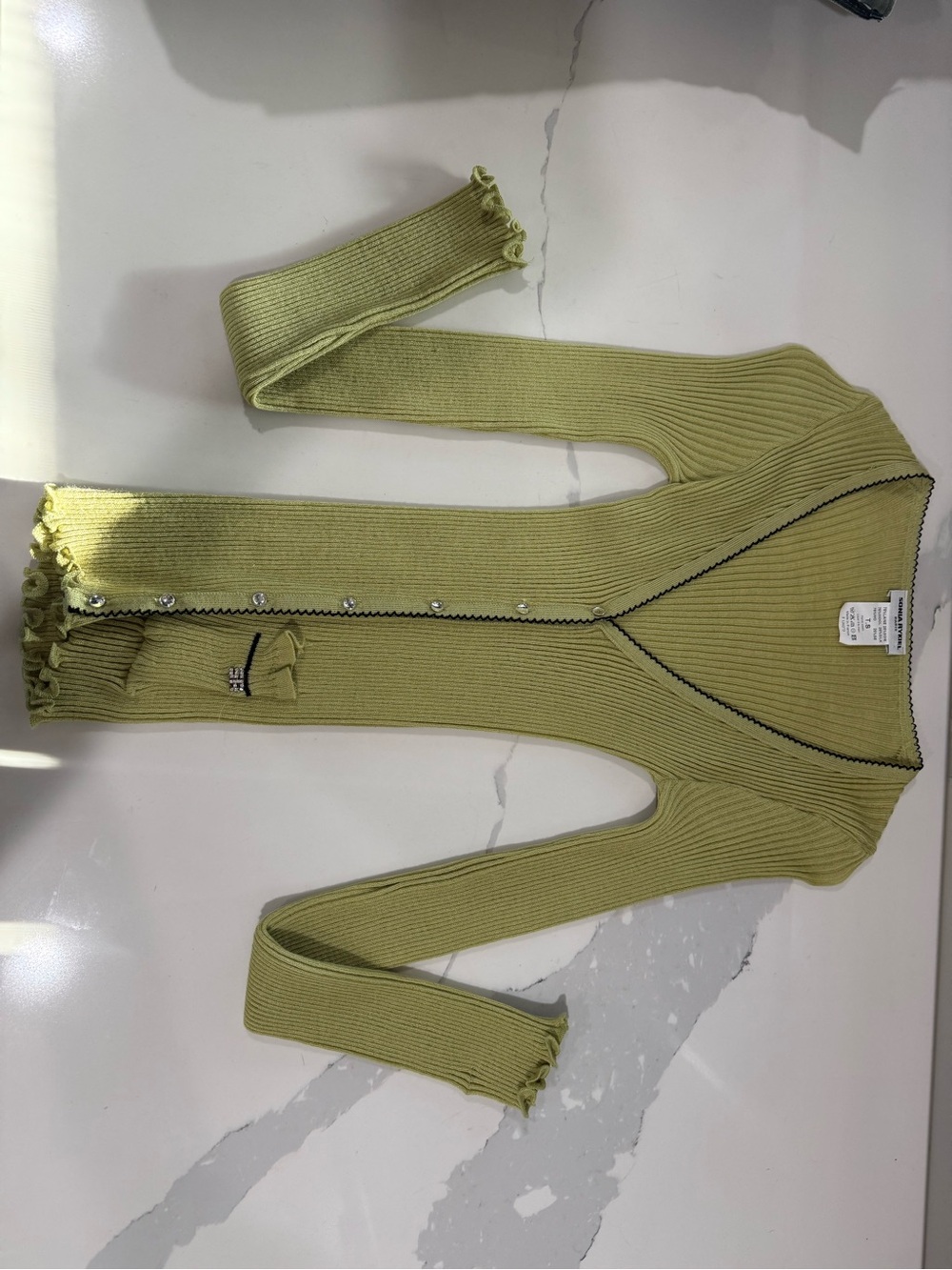 Sonia Rykiel Vintage Olive Green Ribbed V-Neck Cardigan with Ruffle Trim